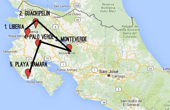one week Costa Rica itinerary - Guachipelin Rincon de la Vieja NP, Monteverde, Palo Verde and Playa Samara